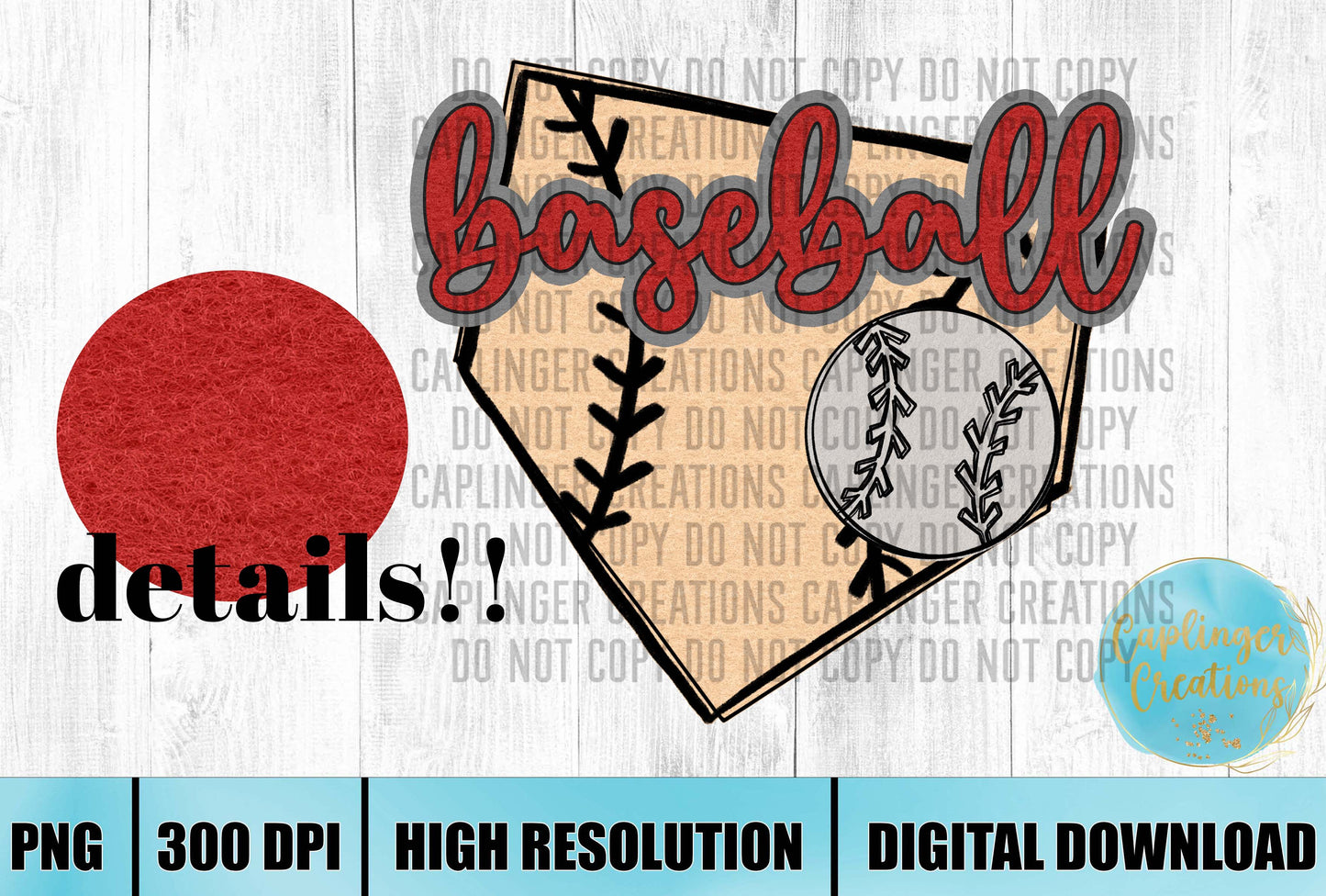 RED Faux Felt baseball graphic - Digital download 300DPI PNG FILE