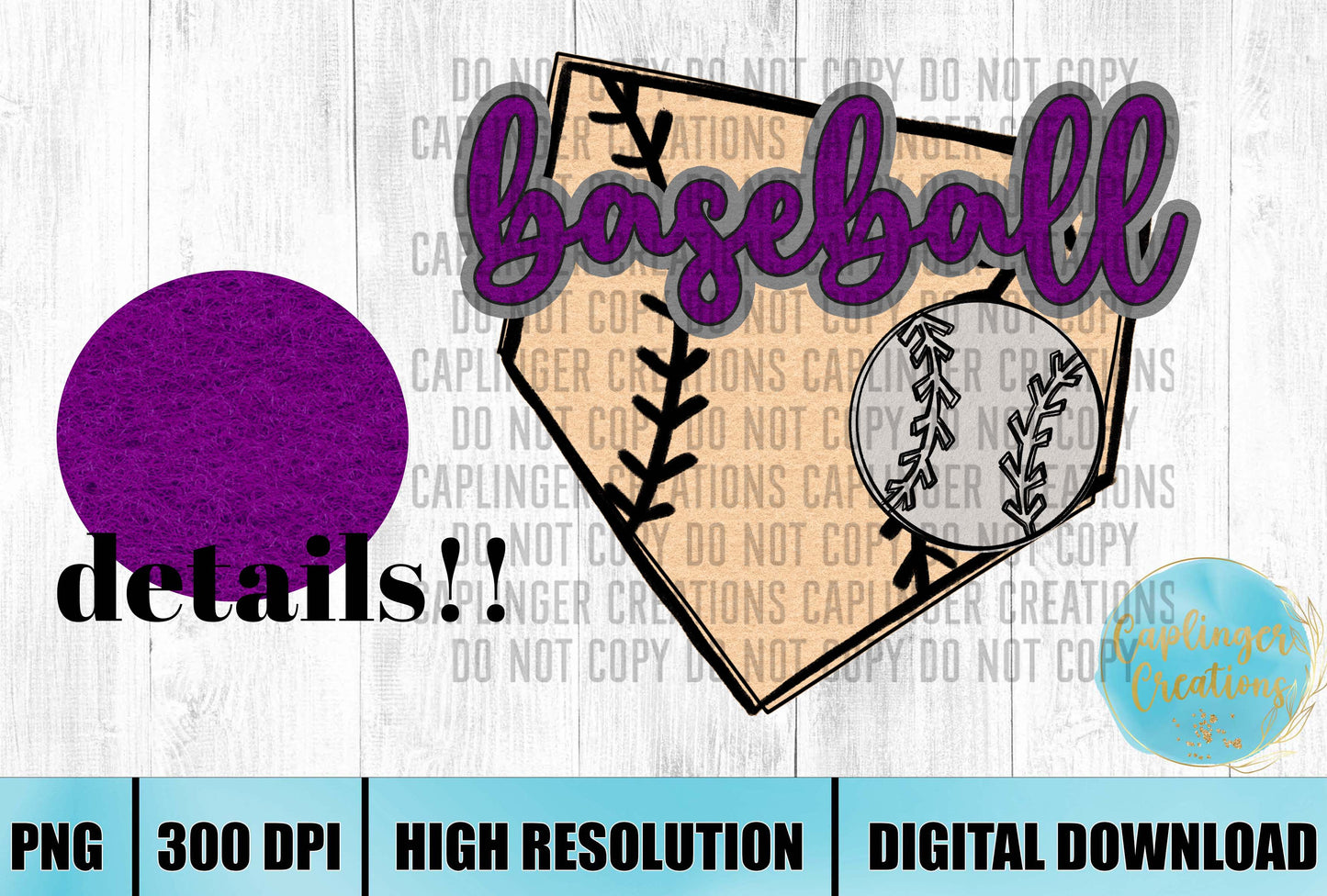 PURPLE Faux Felt baseball graphic - Digital download 300DPI PNG FILE