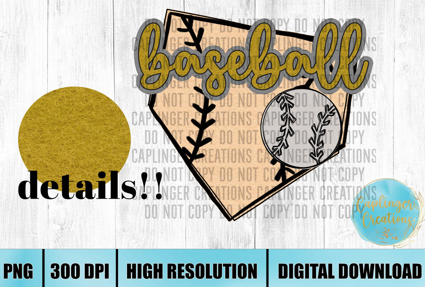 GOLD Faux Felt baseball graphic - Digital download 300DPI PNG FILE