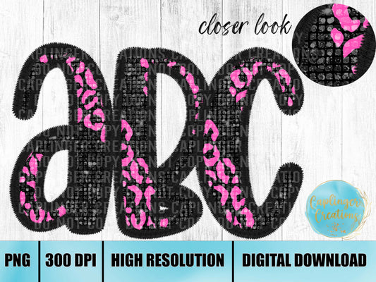 Black and Pink animal print Faux Sequin & Faux Embroidery - ALPHA SET A-Z  - Digital download 300DPI PNG FILE