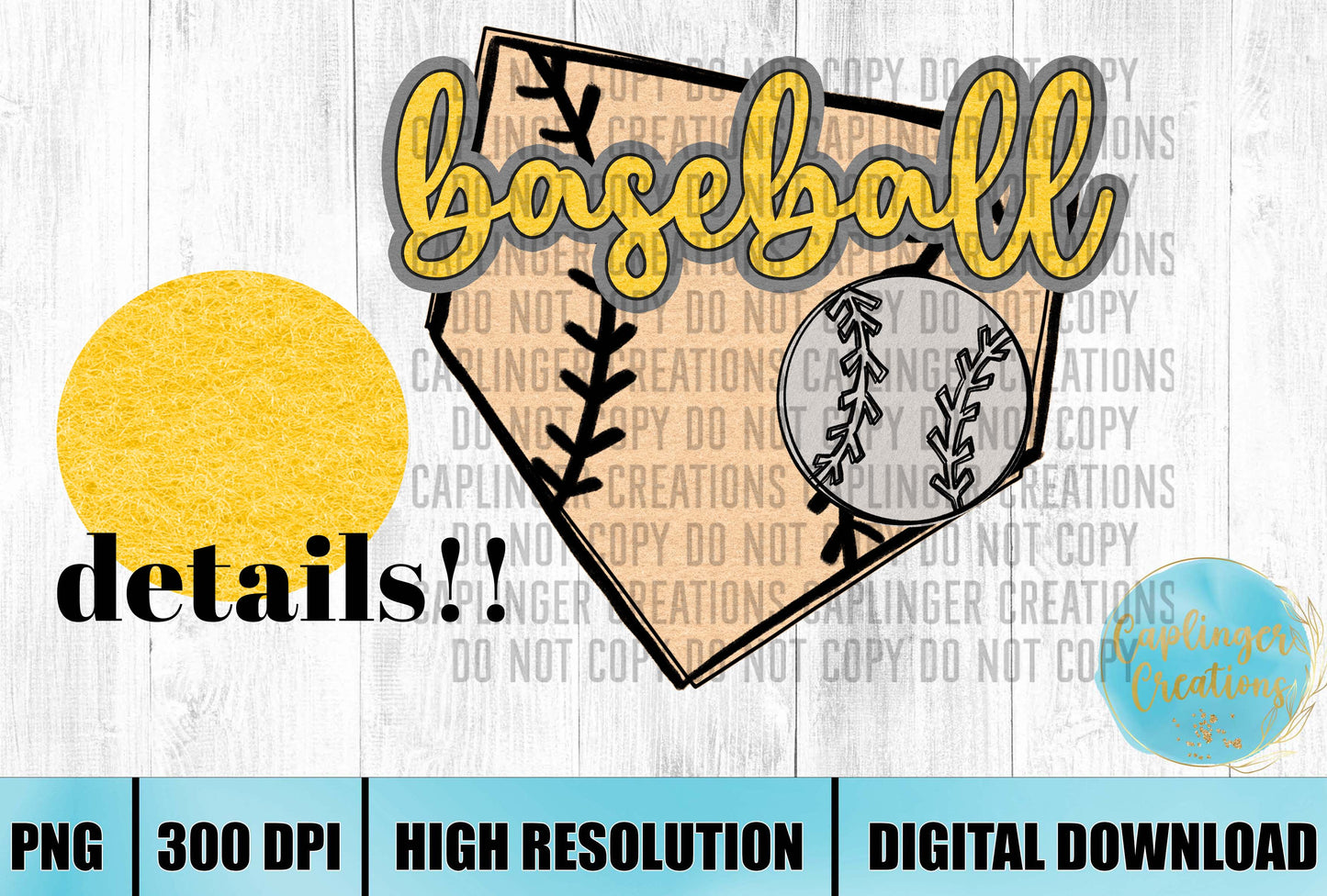 YELLOW Faux Felt baseball graphic - Digital download 300DPI PNG FILE