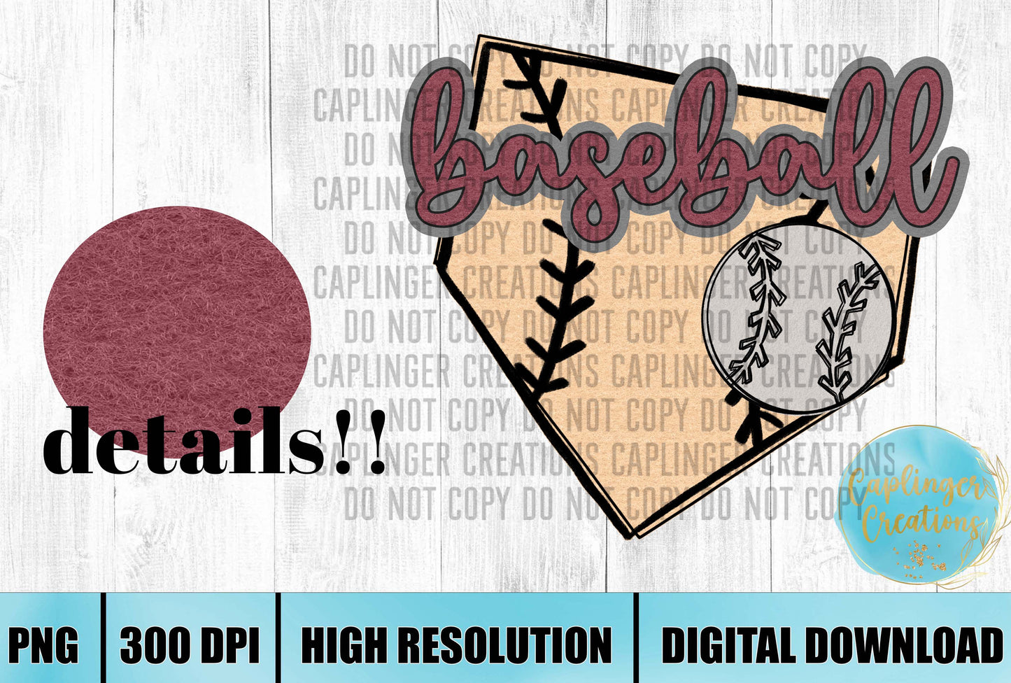 MAROON Faux Felt baseball graphic - Digital download 300DPI PNG FILE