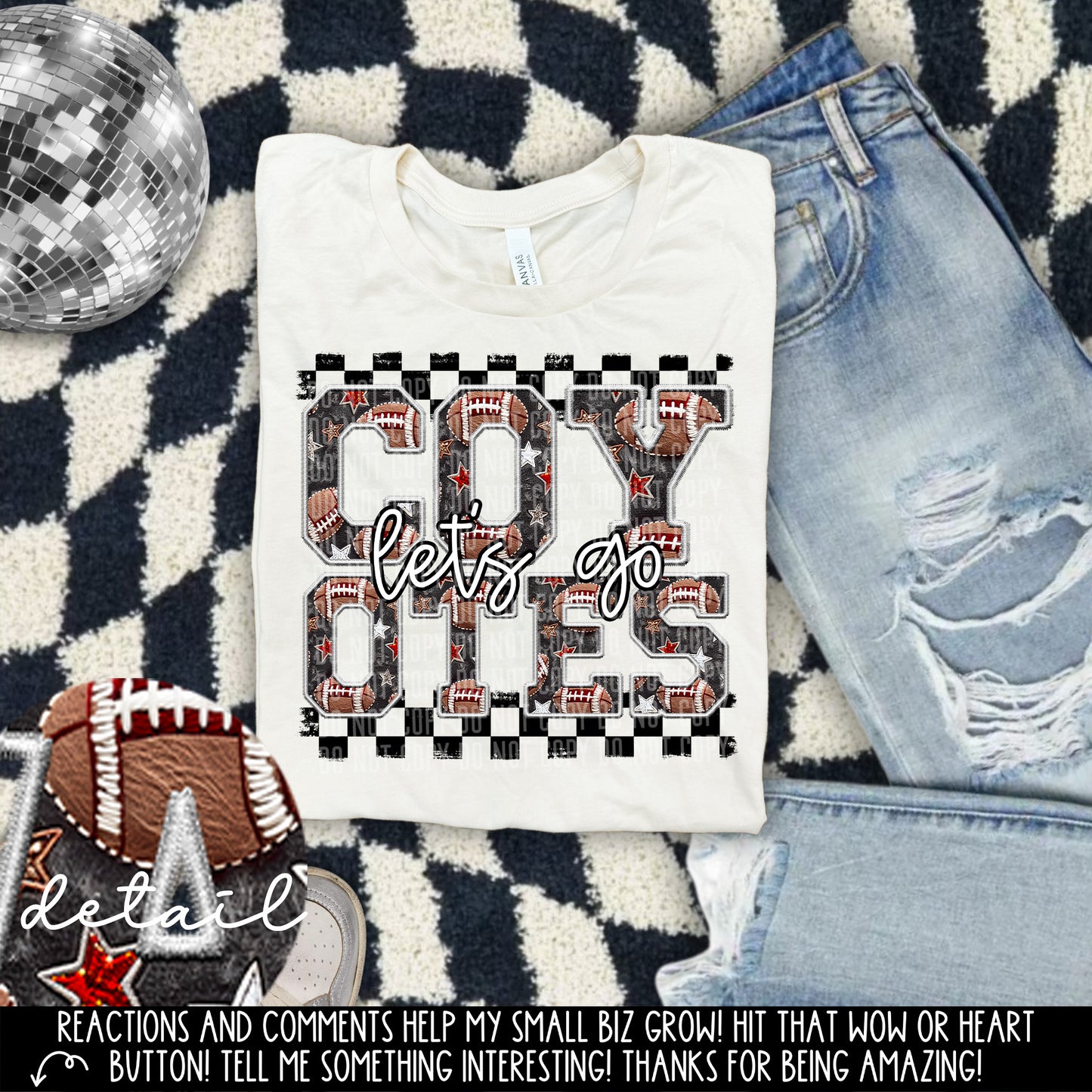 Let’s Go Football Faux Embroidery Checkered Mascots Dropdown With Custom Digital Download 300 DPI PNG