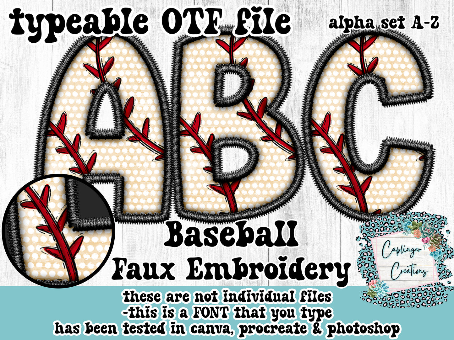 Baseball black thread Aa-Zz &,.!? - FAUX EMBROIDERY  - TYPEABLE OTF FONT - Digital download