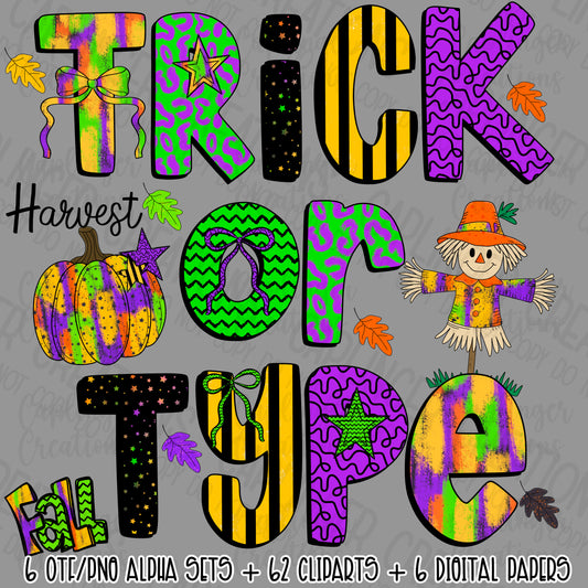 TRICK OR TYPE 6 SETS + 62 CLIPARTS + 6 DIGITAL PAPERS - TYPEABLE OTF FONT + PNGS - Digital download