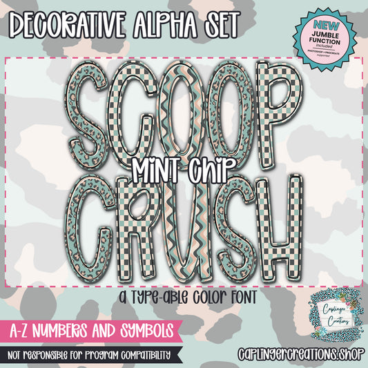 Scoop Crush | Mint Chip - JUMBLE ALPHA - 3 patterns - TYPEABLE OTF FONT + PNGS - Digital download