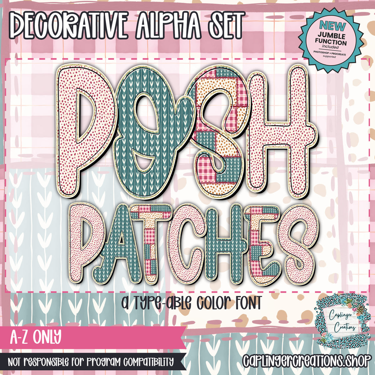 Posh Patches - ALPHA - 3 patterns - TYPEABLE OTF FONT + PNGS - Digital download