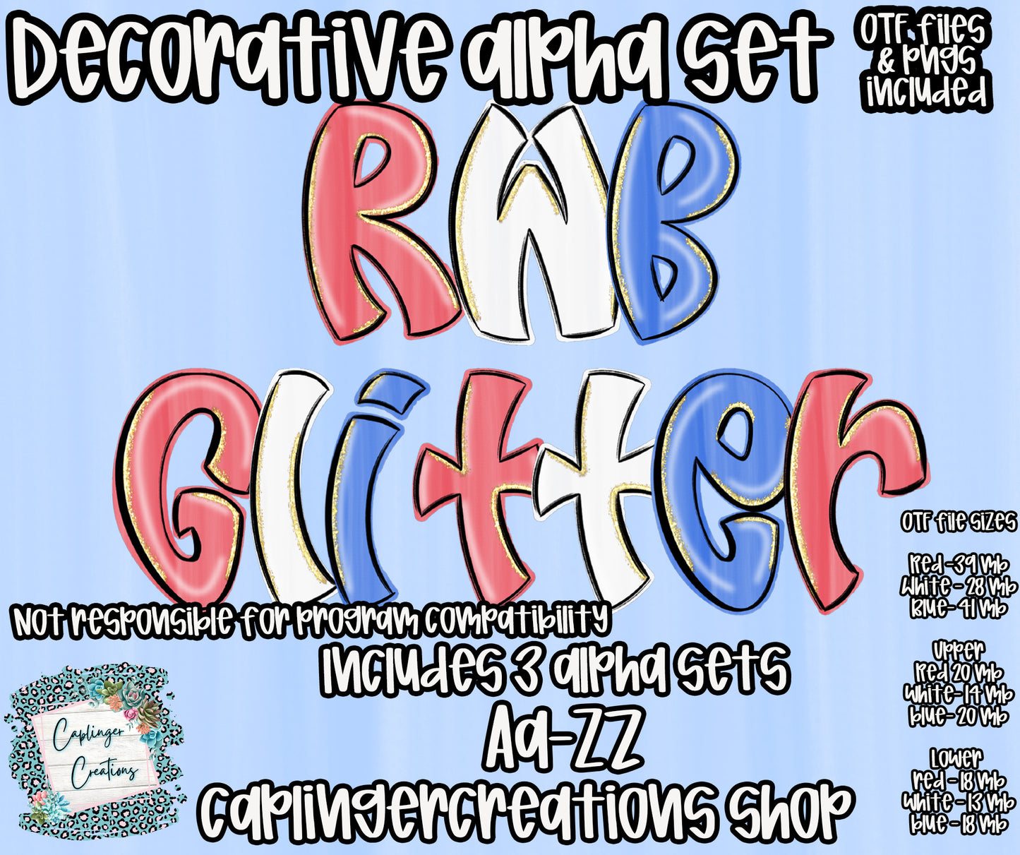 RWB GLITTER- TYPEABLE OTF FONT + PNGS- commercial use included - Digital download