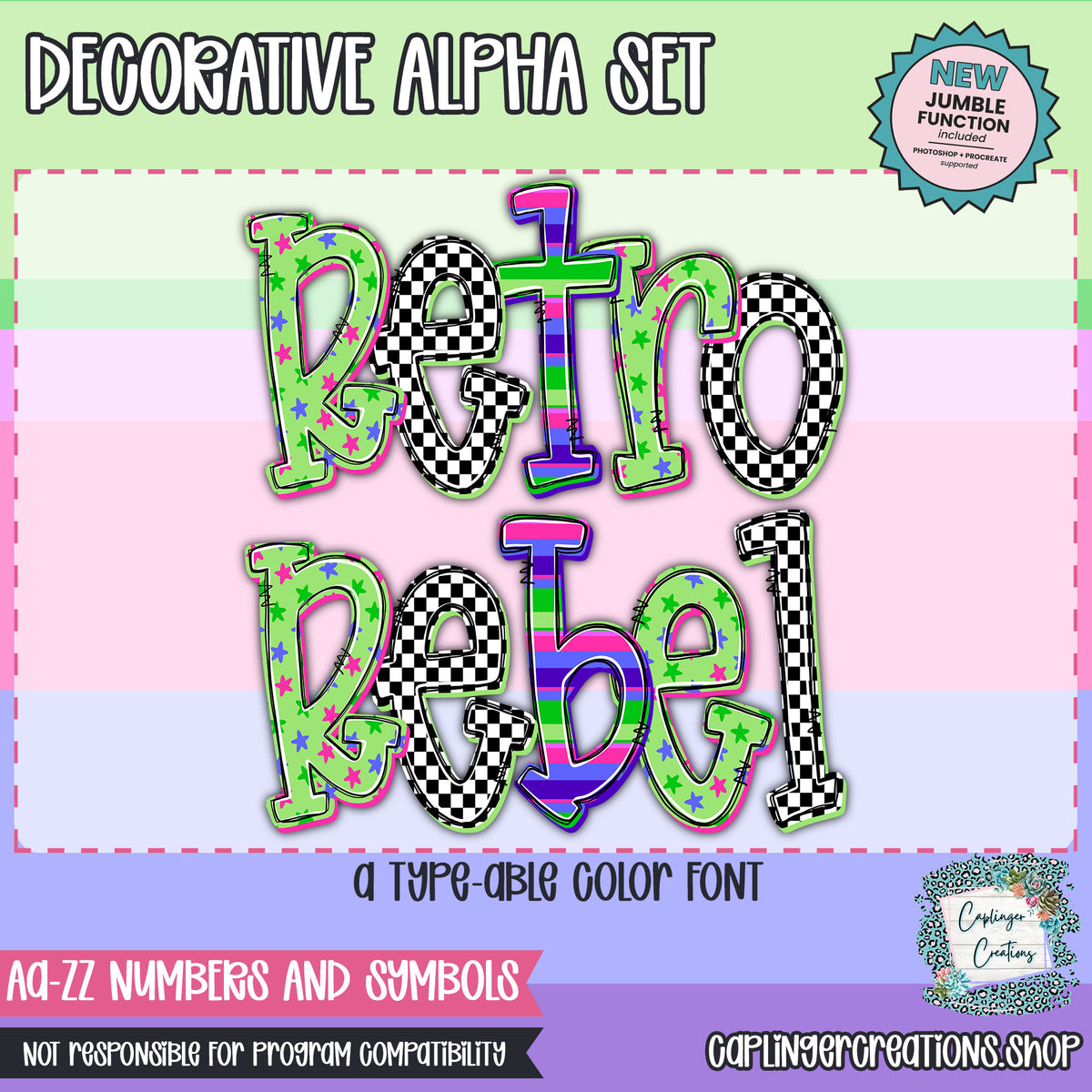Retro Rebel - JUMBLE ALPHA - 3 patterns - TYPEABLE OTF FONT + PNGS - Digital download