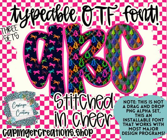 Stitched. in cheer- TYPEABLE OTF FONT + PNGS - Digital download