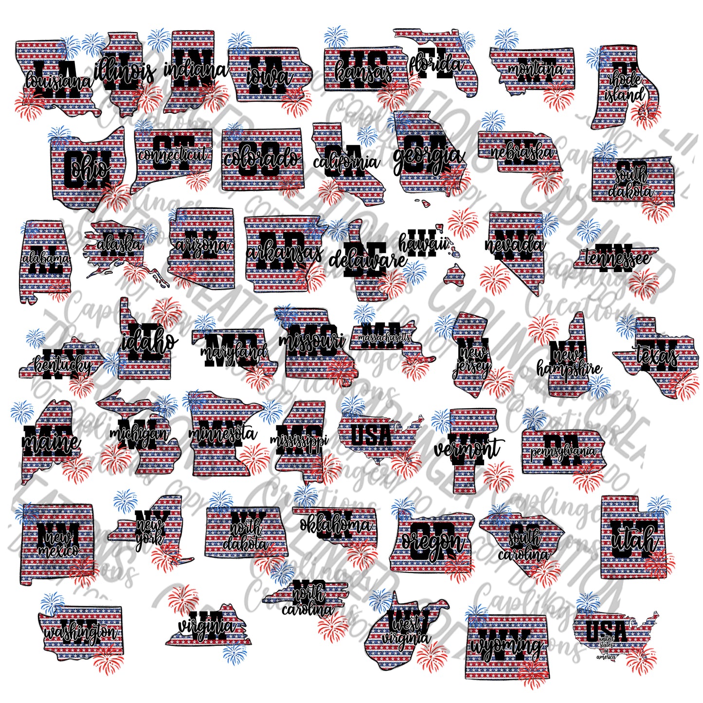 Patriotic States design -ALL 50 STATES INCLUDED - Digital download 300DPI PNG FILE