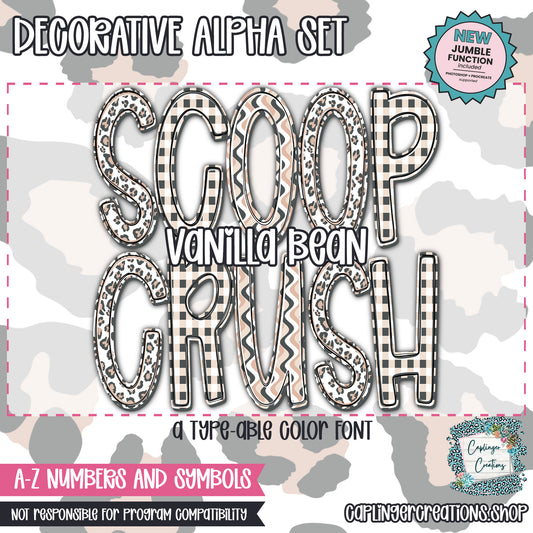 Scoop Crush | Vanilla Bean - JUMBLE ALPHA - 3 patterns - TYPEABLE OTF FONT + PNGS - Digital download