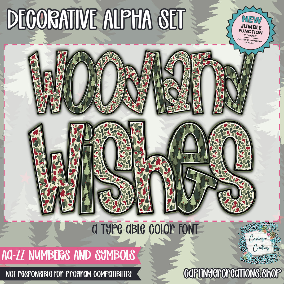 Woodland Wishes - JUMBLE ALPHA - 3 patterns - TYPEABLE OTF FONT + PNGS - Digital download