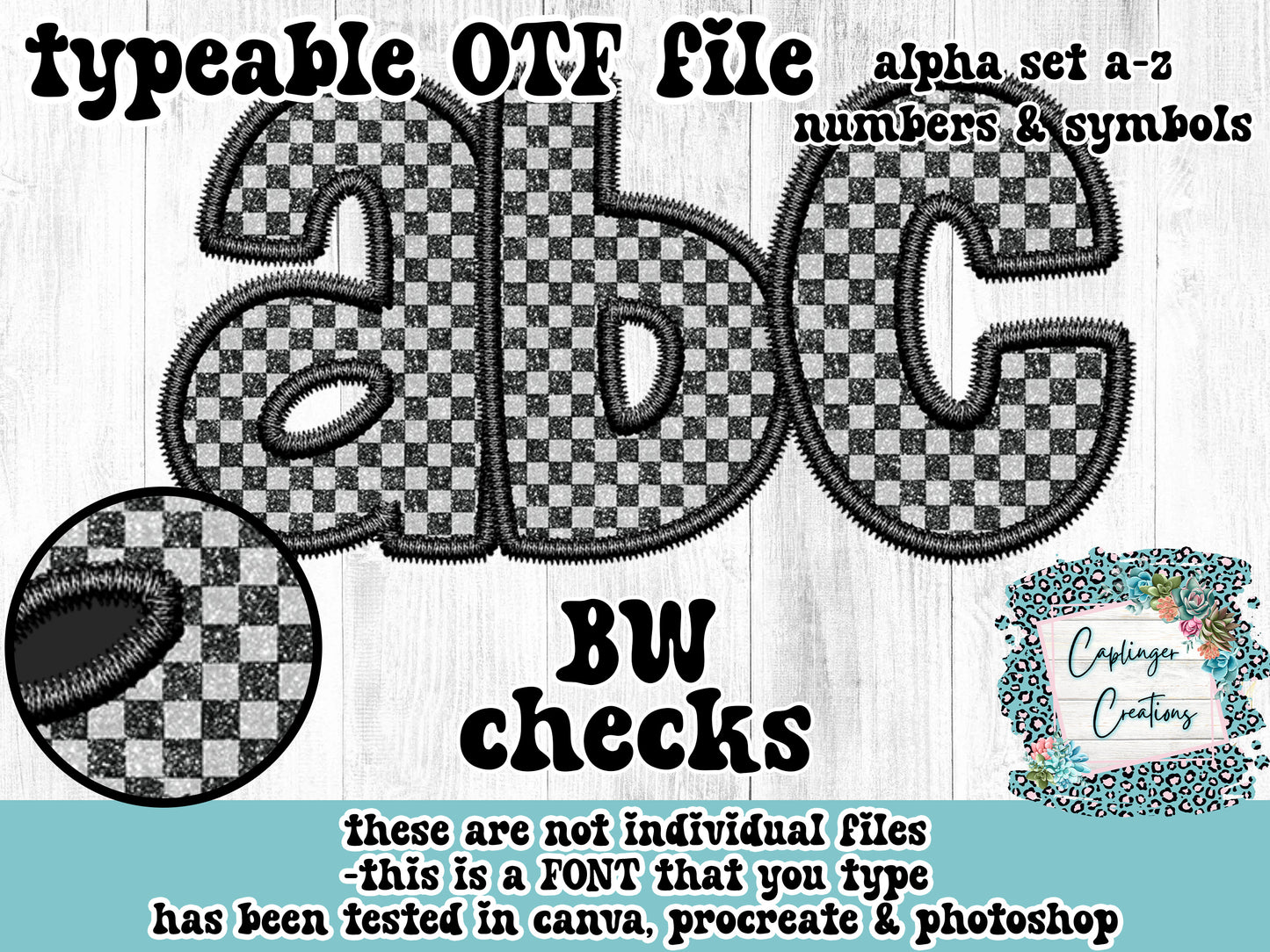 B&W Checks Faux Embroidery - ALPHA FONT a-z, numbers & symbols - TYPEABLE FONT - Digital download 300DPI PNG FILE