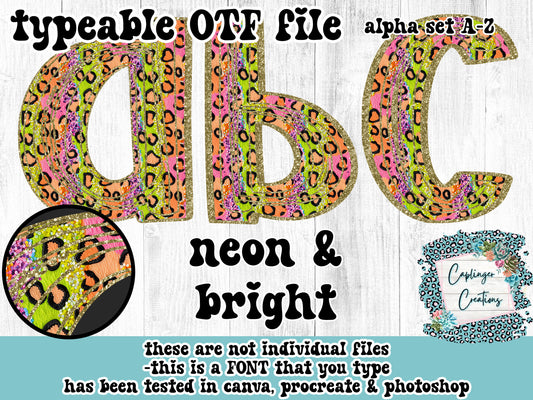 Neon & Bright - ALPHA FONT A-Z - TYPEABLE FONT - Digital download 300DPI PNG FILE