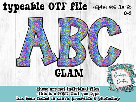 GLAM - ALPHA FONT Aa-Zz 0-9 typeable with symbols in drag and drop pngs - FAUX EMBROIDERY  - TYPEABLE OTF FONT - Digital download
