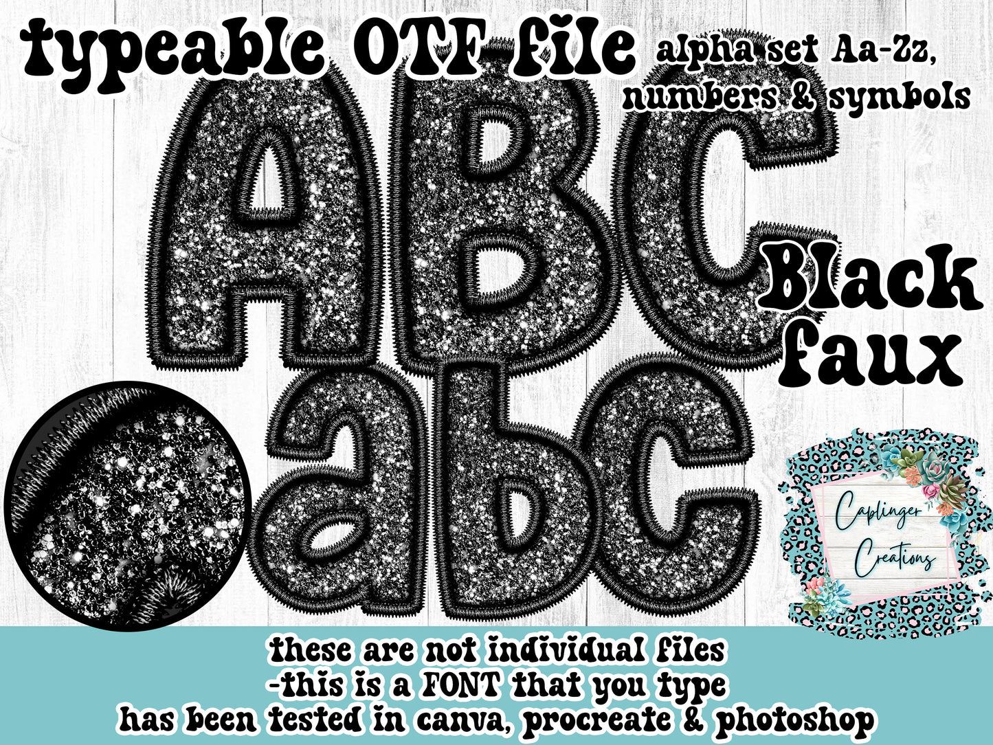 Black Faux Embroidery - ALPHA FONT Aa-Zz, numbers & symbols - TYPEABLE FONT - Digital download 300DPI PNG FILE