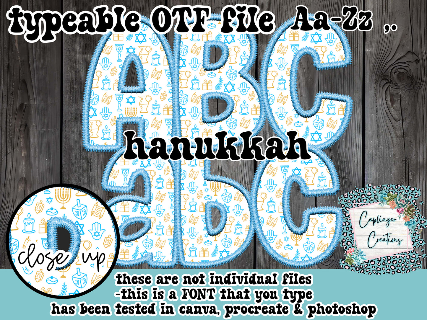 Hanukkah Faux Embroidery - TYPEABLE FONT Aa-Zz ,.  - Digital download 300DPI PNG FILE