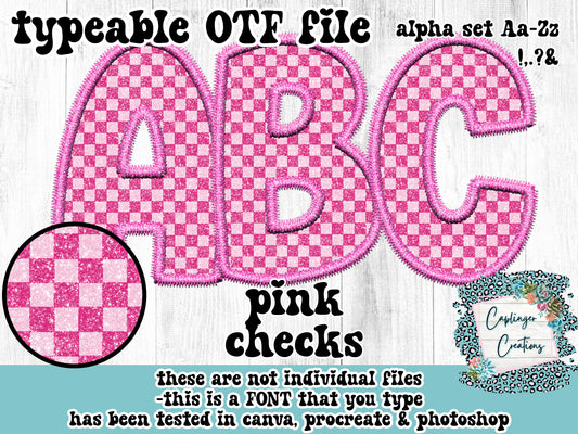 Pink Checks Faux Embroidery - ALPHA FONT Aa-Zz ,.!?& symbols - TYPEABLE FONT - Digital download 300DPI PNG FILE