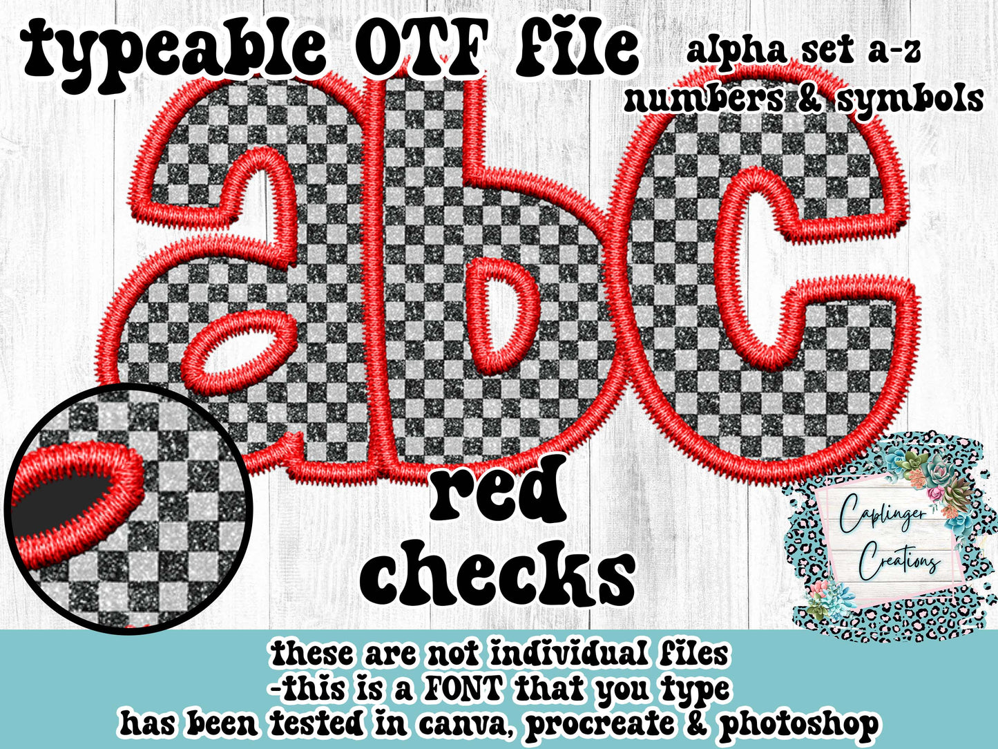 Red Threaded B&W Checks Faux Embroidery - TYPEABLE FONT a-z, numbers & symbols - TYPEABLE FONT - Digital download 300DPI PNG FILE