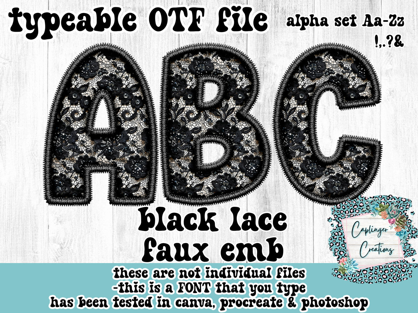 Black Lace FAUX EMB - ALPHA FONT Aa-Zz 0-9 and symbols - TYPEABLE OTF FONT - Digital download