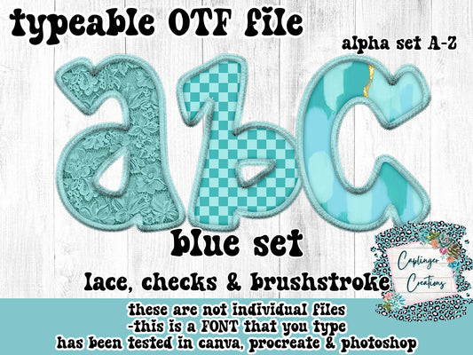 BLUE SET - lace, check & brushstroke (3) - FAUX EMB. - ALPHA FONT A-Z - TYPEABLE OTF FONT - Digital download