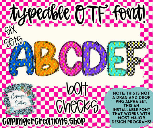 BOLT CHECKS SET of 6 - ALPHA FONT A-Z - TYPEABLE OTF FONT - Digital download