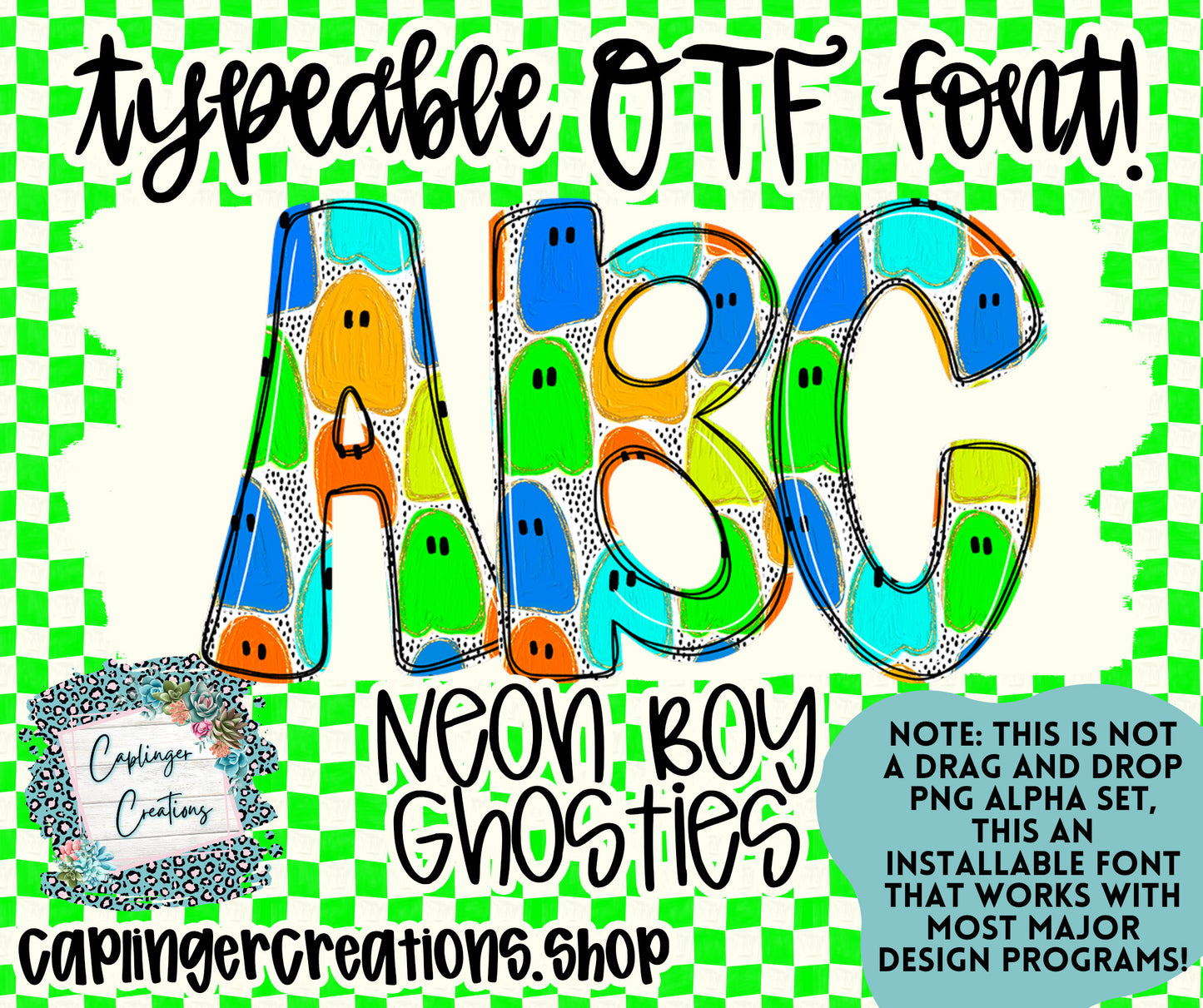 Neon Ghosties BOY  - TYPEABLE OTF FONT + PNGS - Digital download
