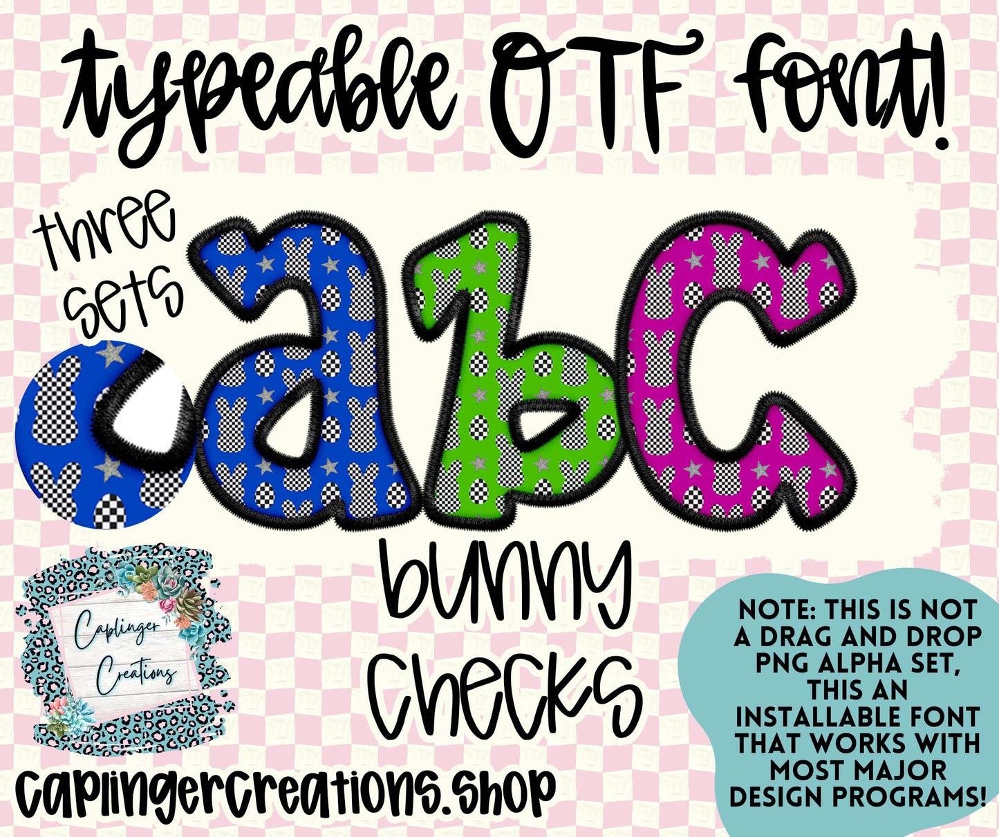 BUNNY CHECKS set of 3 - Faux Embroidery - TYPEABLE OTF FONT - Digital download