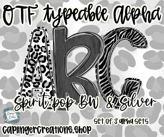 Spirit Pop Black, White & Silver - Set of 3 Alphas- TYPEABLE OTF FONT + PNGS- commercial use included - Digital download