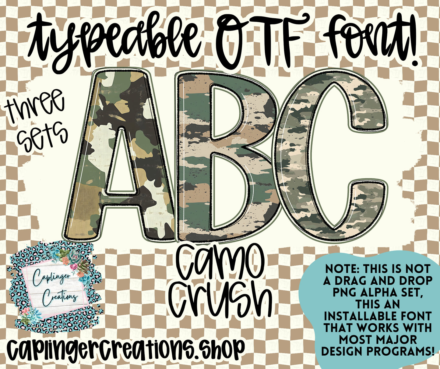 CAMO CRUSH Set of 3 styles- TYPEABLE OTF FONT - Digital download