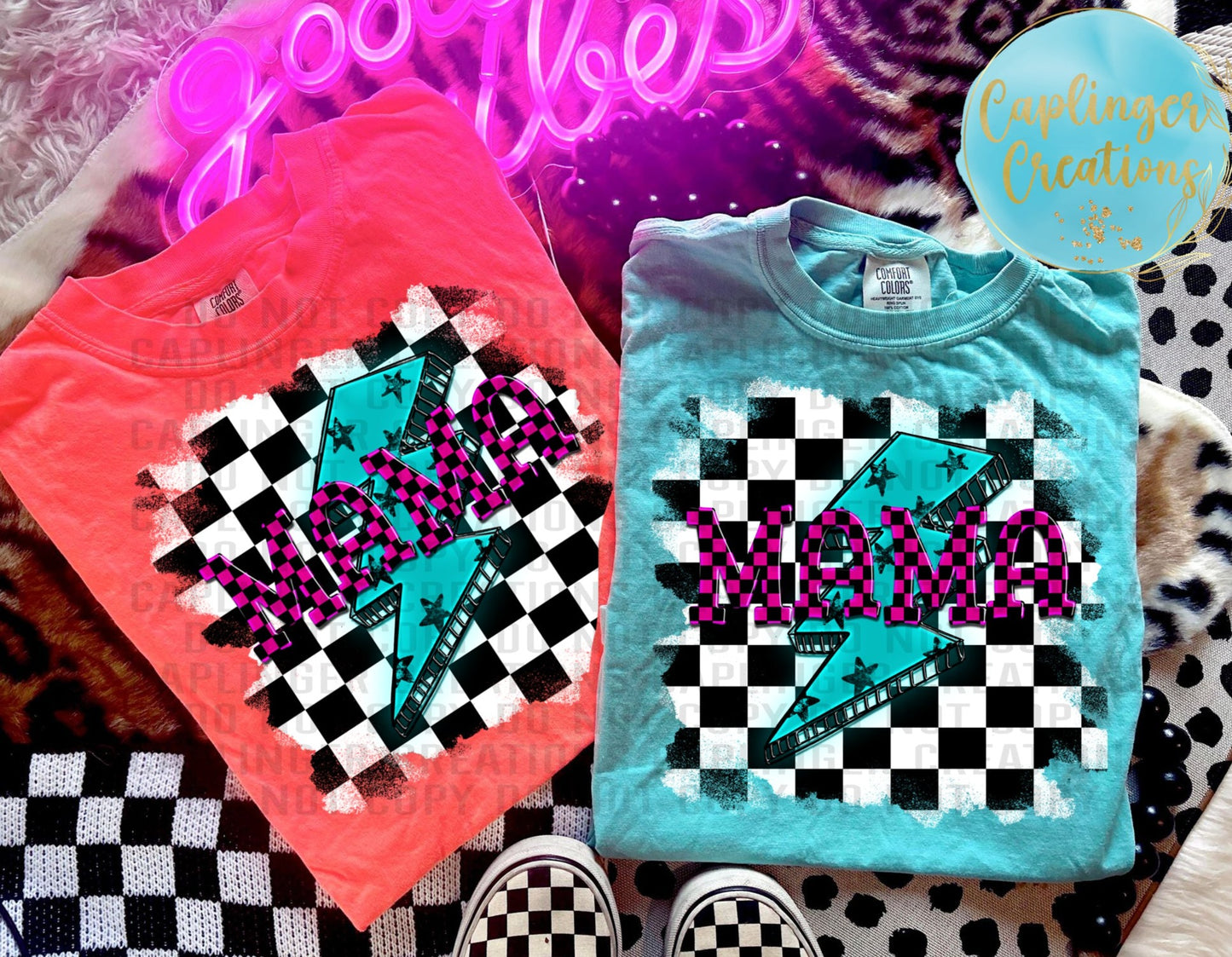 Mama - checkered faux NEON (DTF SAFE) - Digital download 300DPI PNG FILE