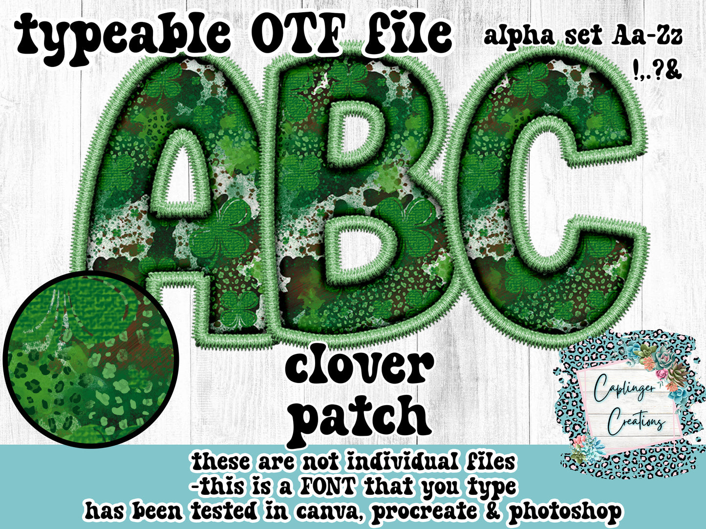 Clover Patch ALPHA FONT Aa-Zz &,.!? - FAUX EMBROIDERY  - TYPEABLE OTF FONT - Digital download