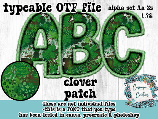 Clover Patch ALPHA FONT Aa-Zz &,.!? - FAUX EMBROIDERY  - TYPEABLE OTF FONT - Digital download
