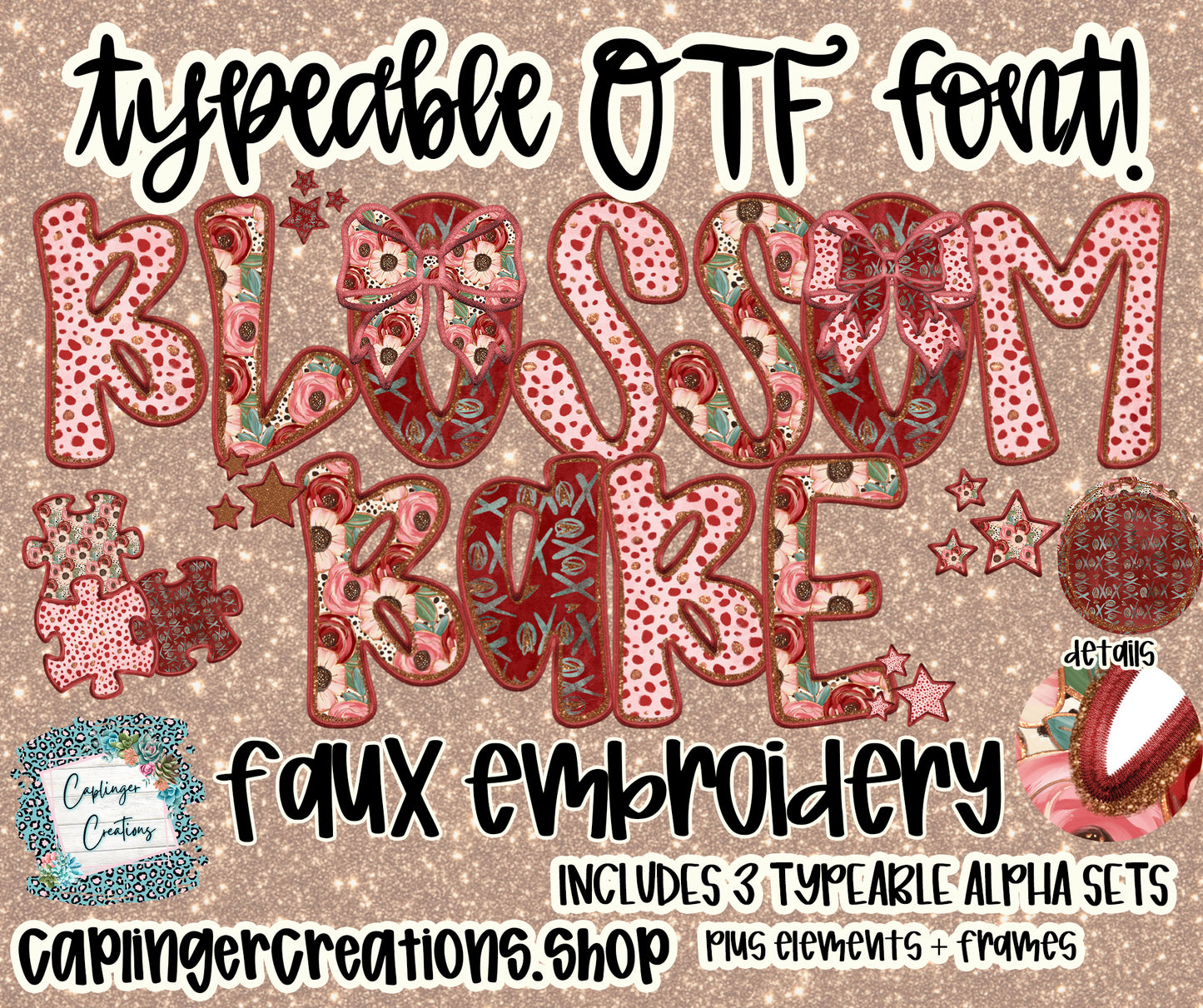 Faux Embroidery Blossom Babe - Set of 3 Alphas + elements - TYPEABLE OTF FONT + PNGS- commercial use included - Digital download