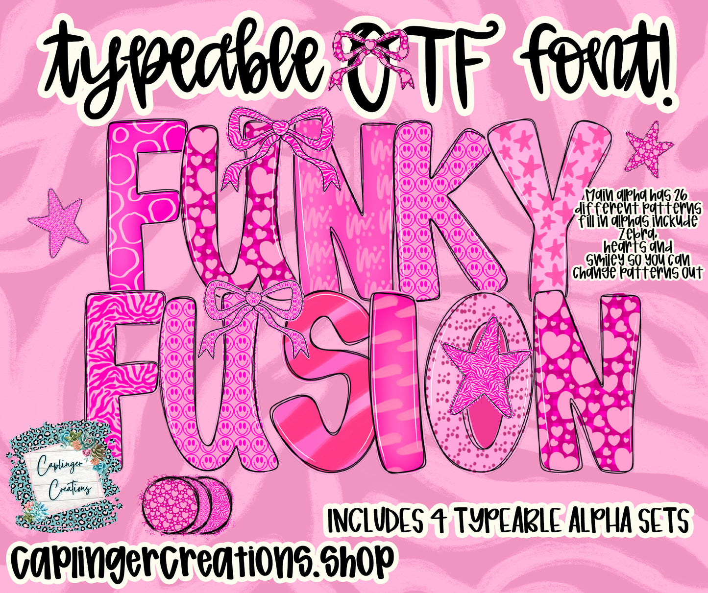 Funky Fusion - Set of 4 Alphas + elements - TYPEABLE OTF FONT + PNGS- commercial use included - Digital download