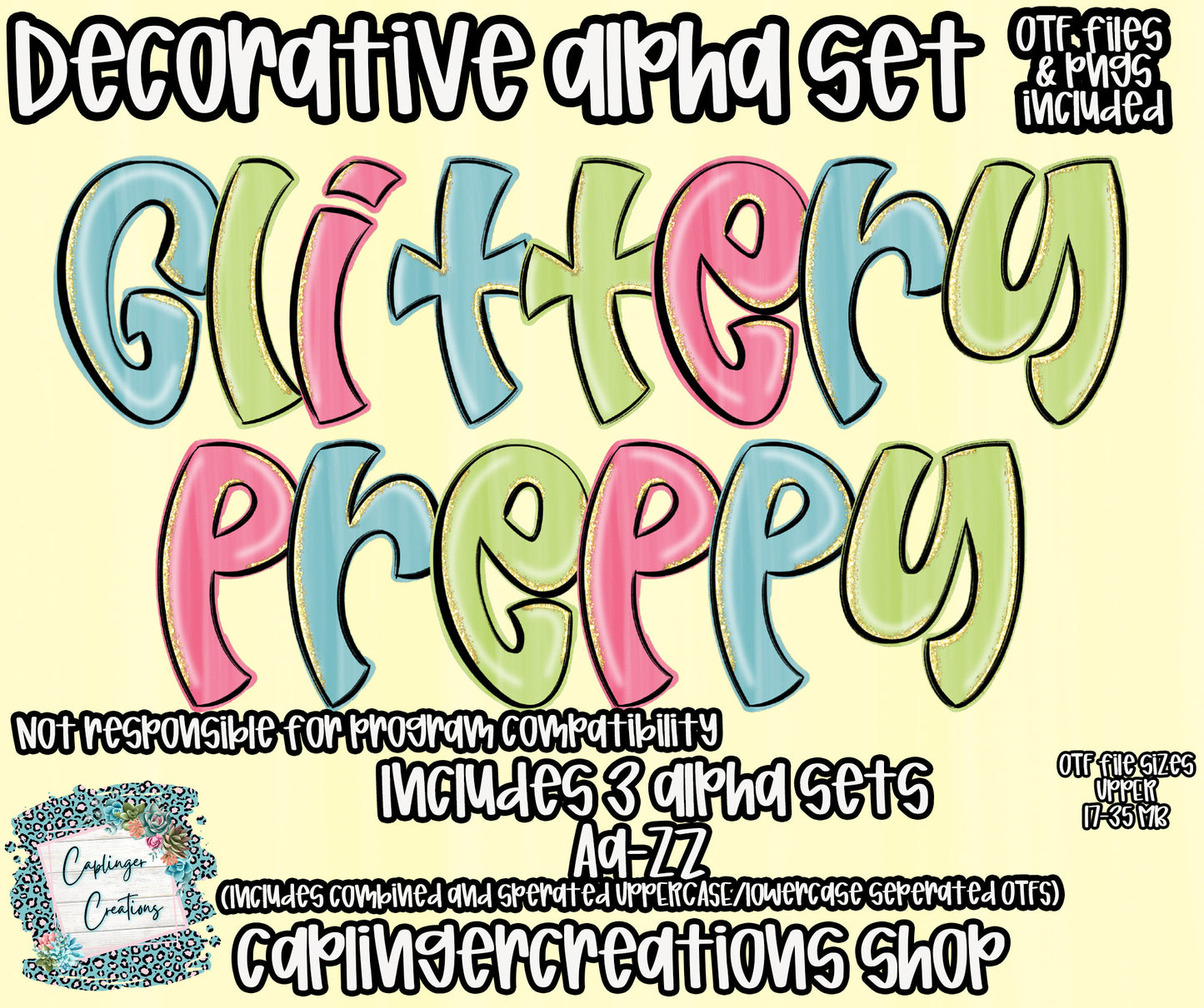 Glittery Preppy - TYPEABLE OTF FONT + PNGS- commercial use included - Digital download