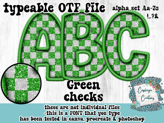 Green Checks ALPHA FONT Aa-Zz &,.!? - FAUX EMBROIDERY  - TYPEABLE OTF FONT - Digital download