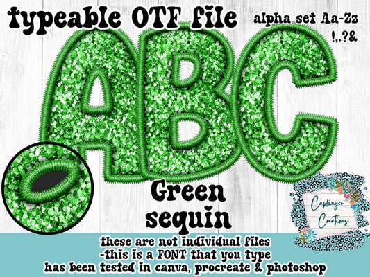 Green Sequin ALPHA FONT A-Z - FAUX EMBROIDERY  - TYPEABLE OTF FONT - Digital download