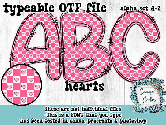 Pink Hearts and Checks  ALPHA FONT A-Z - TYPEABLE OTF FONT - Digital download