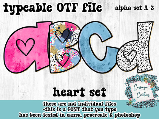 Heart Alpha Set - 4 ALPHA SETs A-Z + OTF TYPEABLE FONTS - Digital download 300DPI PNG FILE