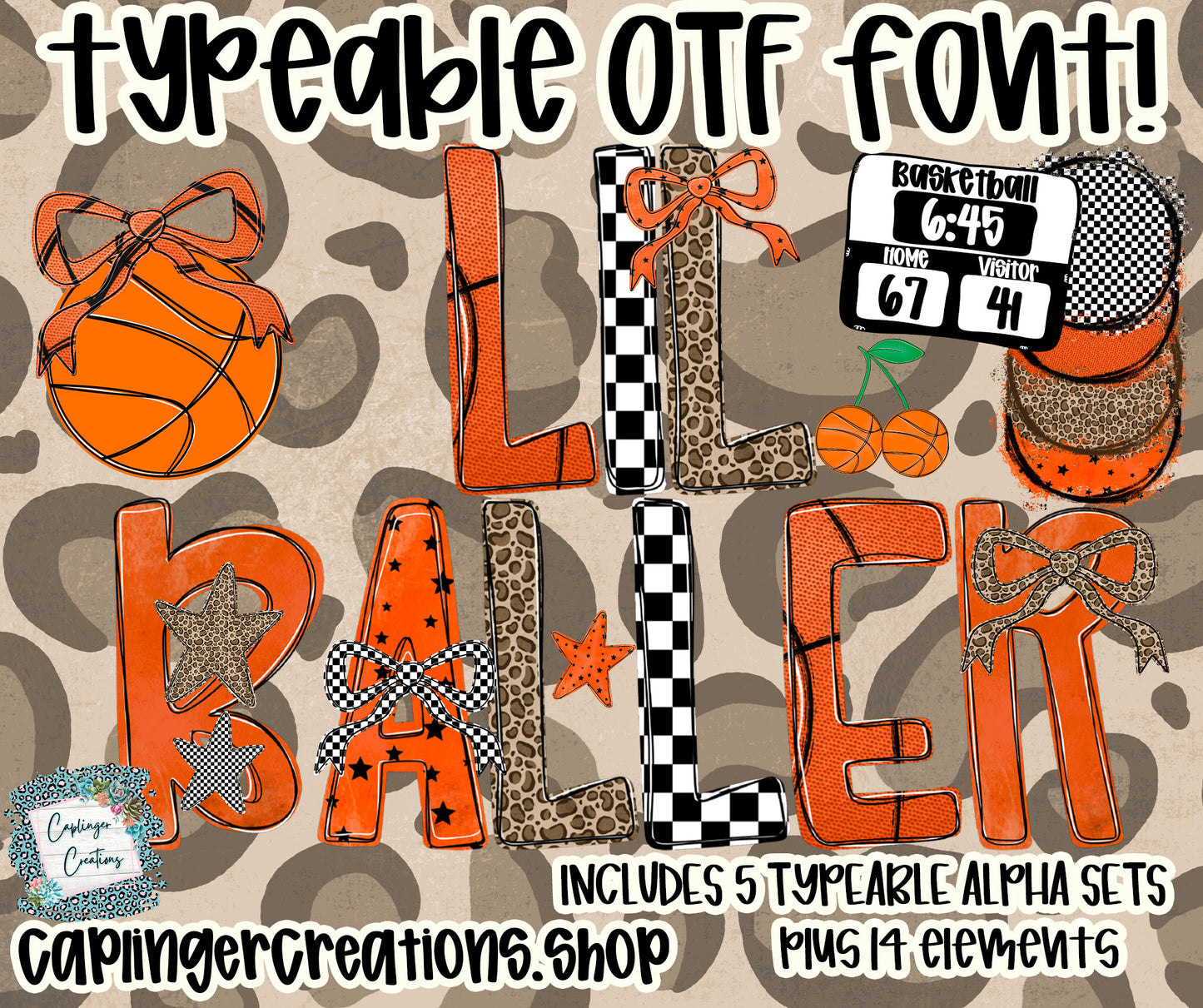 Lil Baller - Set of 5 Alphas + 11 elements - TYPEABLE OTF FONT + PNGS- commercial use included - Digital download