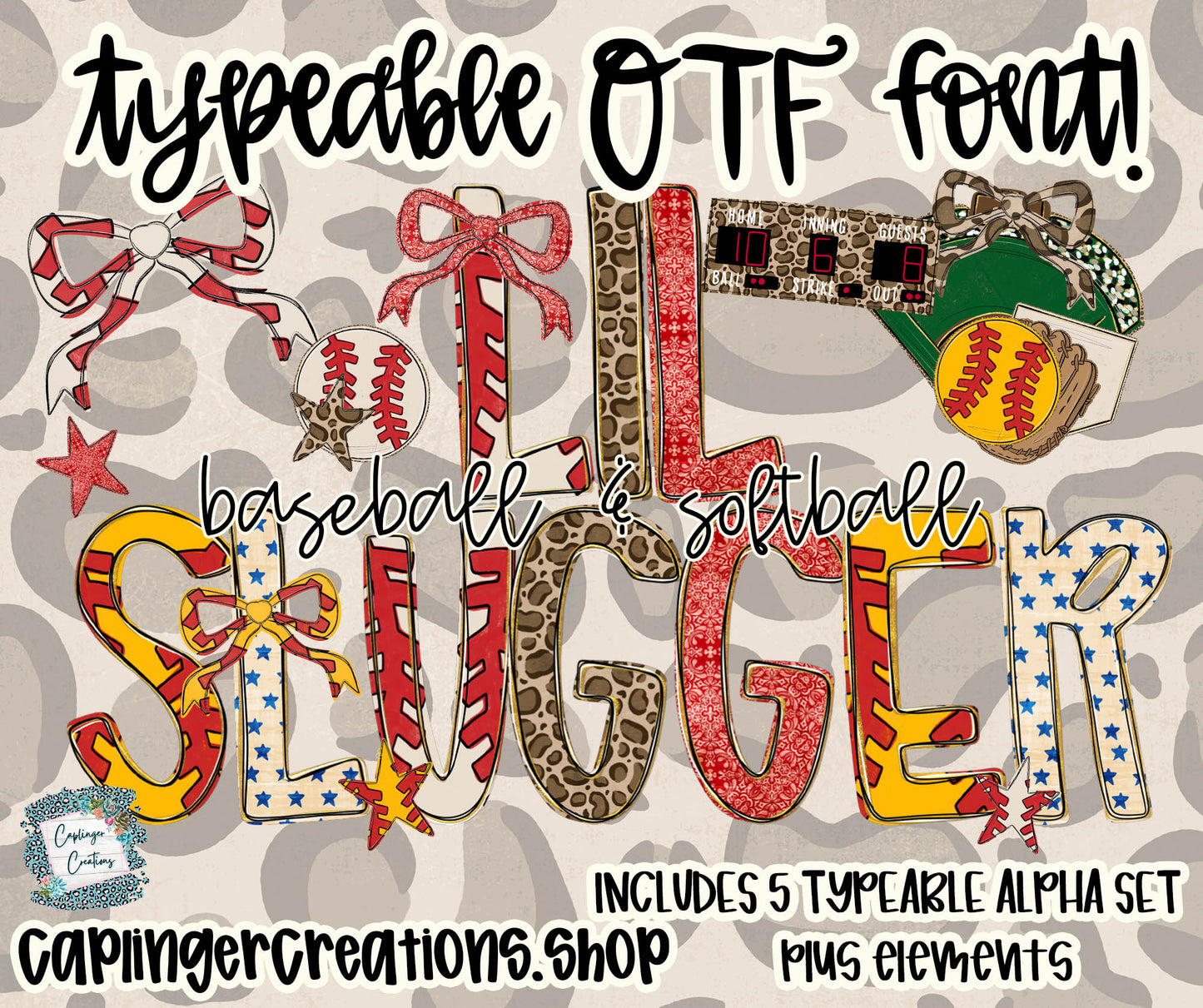 Lil Slugger - Set of 5 Alphas - TYPEABLE OTF FONT + PNGS- commercial use included - Digital download