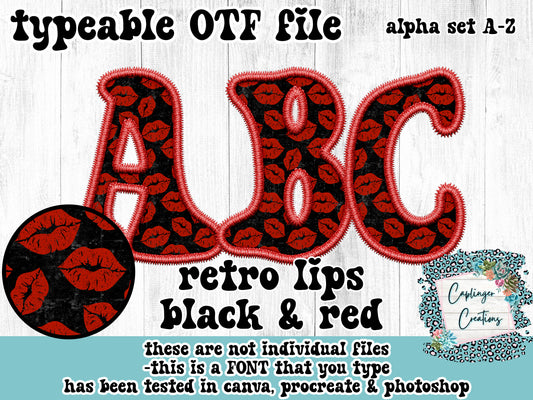 Retro Lips (Black&Red/Pink&Red) 2 full alpha set styles - ALPHA FONT A-Z - FAUX EMBROIDERY  - TYPEABLE OTF FONT - Digital download