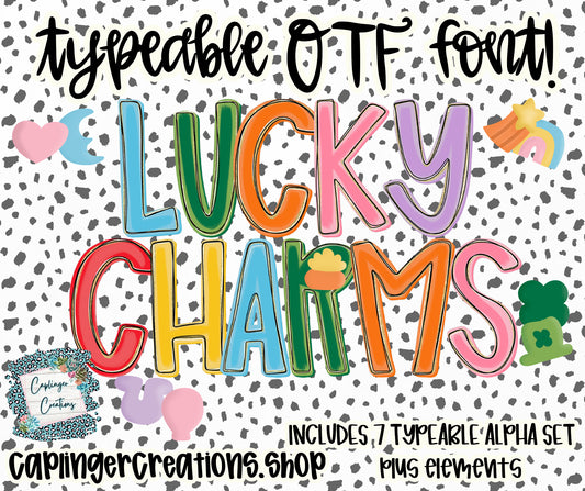 Lucky Charms - Set of 7 Alphas + elements - TYPEABLE OTF FONT + PNGS- commercial use included - Digital download