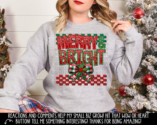 Merry & Bright Plaid Bow Faux Embroidery Digital download 300DPI PNG FILE