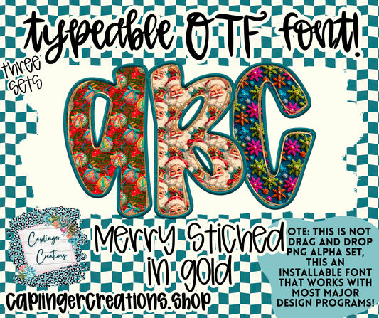 Merry Stitched in gold - TYPEABLE OTF FONT + PNGS - Digital download