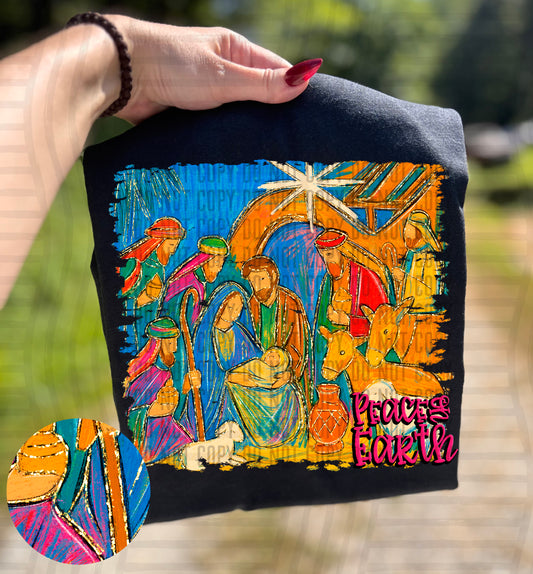 PEACE ON EARTH Nativity Scene Hand drawn and painted - 300DPI PNG FILE