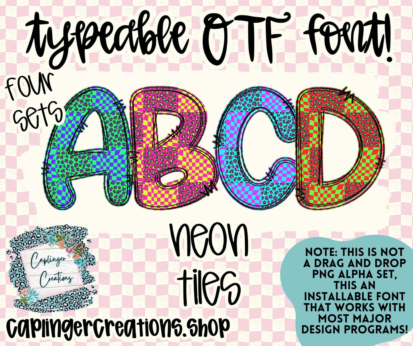 NEON TILES set of 4 - TYPEABLE OTF FONT - Digital download