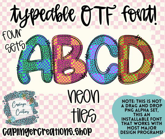 NEON TILES set of 4 - TYPEABLE OTF FONT - Digital download